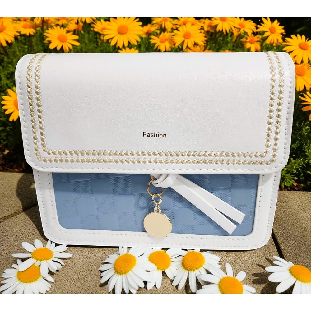 Purse Women Small White & Blue with‎ Gold Stitch Trim on Flap